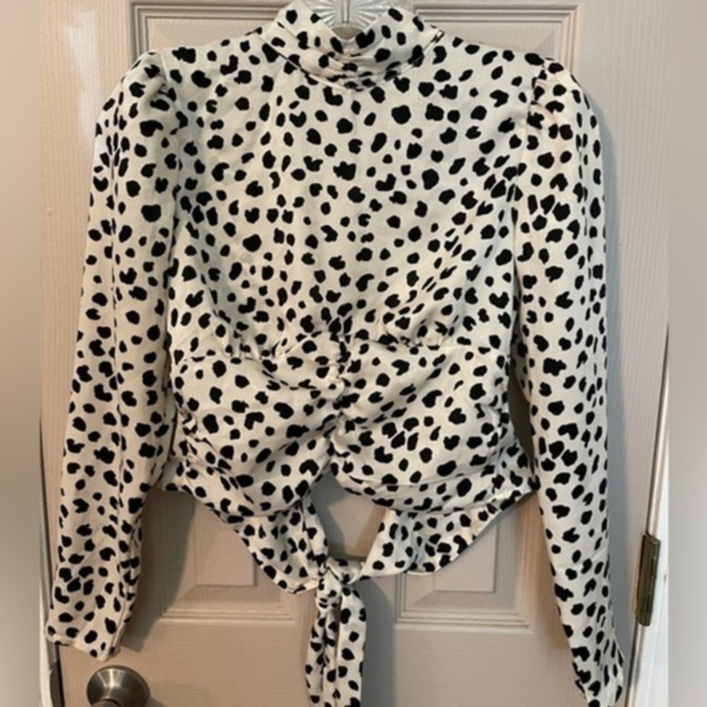 Rabbit Rose Dalmatian print cropped high neck open back blouse